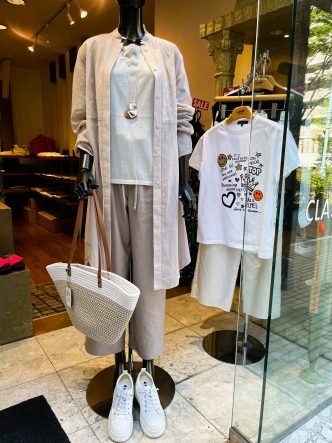 羽織ものとパンツコーディネート　DUAL VIEWロングブラウス＆ALDRIDGEニット＆ジレ＆ma couleurパンツ