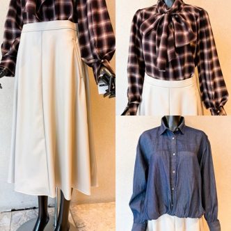 レザースカートコーディネート♡　BRAHMINエコレザースカート＆KOKIAチェック柄ボウタイブラウス＆RESPECライトデニムシャツブラウス
